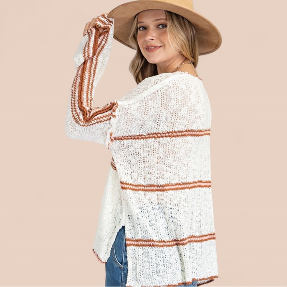 EASEL Cream Burgundy Striped Knit Pullover Sweater - Picture 2 of 7